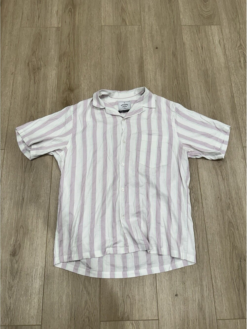 Portuguese Flannel Striped Purple Green White Camp Collar Shirt Men Size Medium